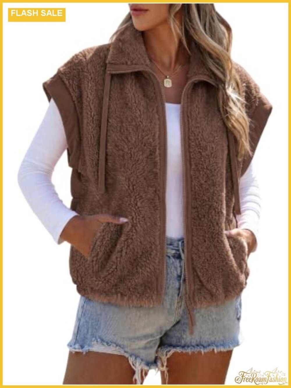 Sherpa Fleece Zip Up Crop Puffer Vest Sleeveless Casual Layering